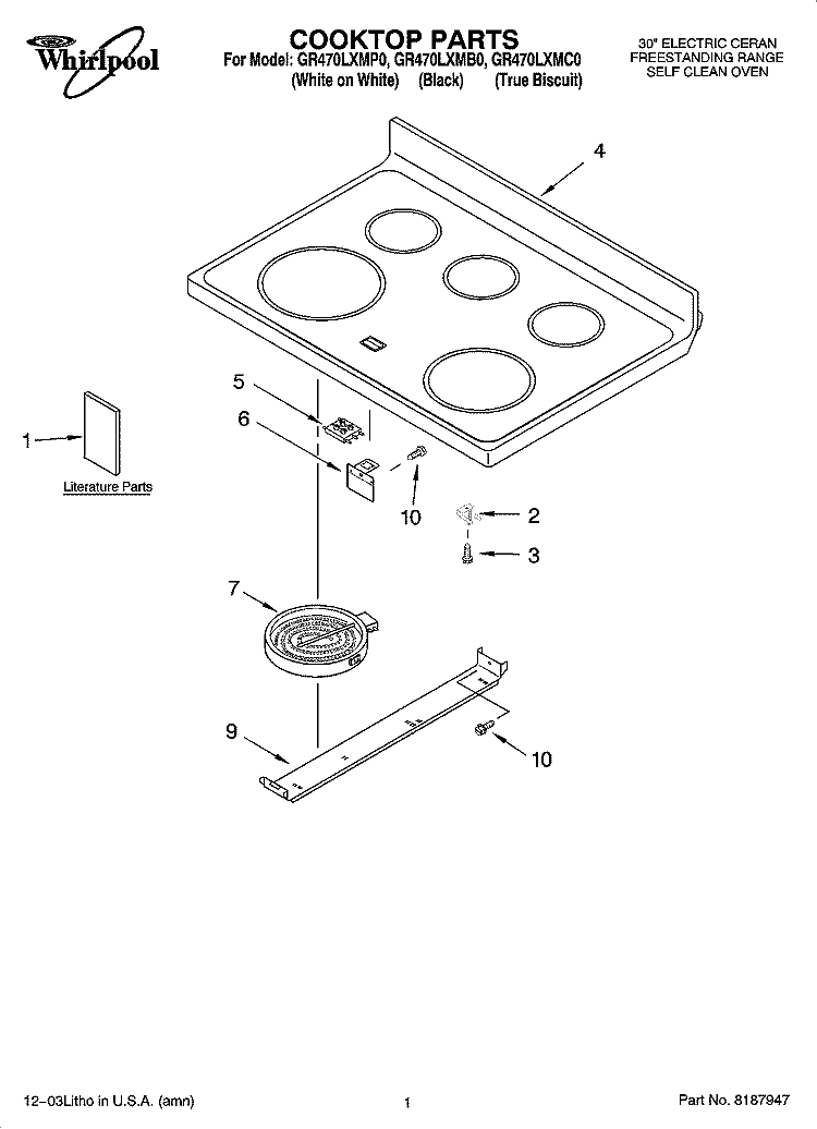 COOKTOP PARTS Diagram and Parts List for GR470LXMB0  Whirlpool Range