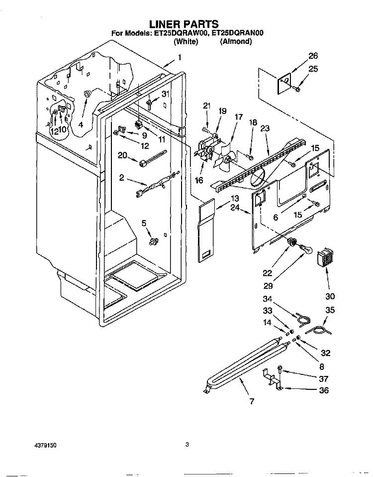 LINER Diagram and Parts List for ET25DQRAW00  Whirlpool Refrigerator