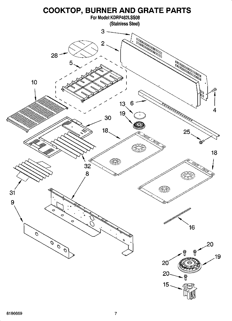 COOKTOP, BURNER AND GRATE PARTS Diagram and Parts List for KDRP462LSS08  KitchenAid Range