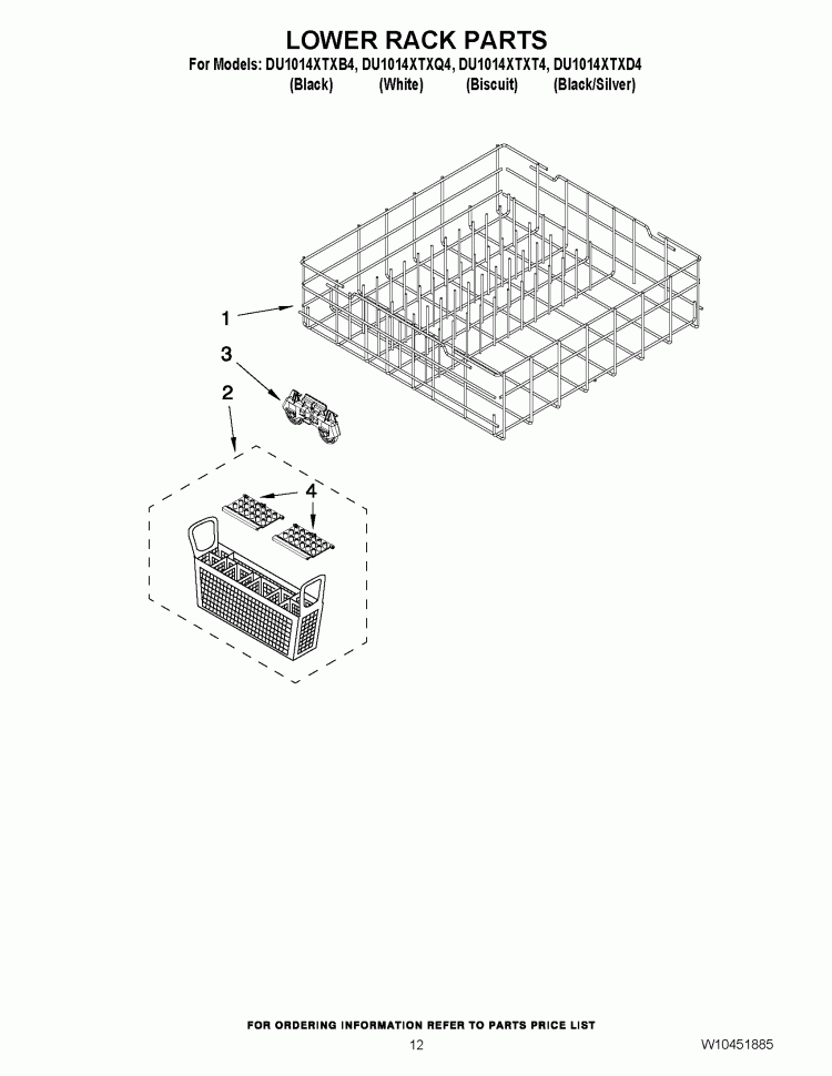 LOWER RACK PARTS Diagram and Parts List for DU1014XTXB4  Whirlpool Dishwasher