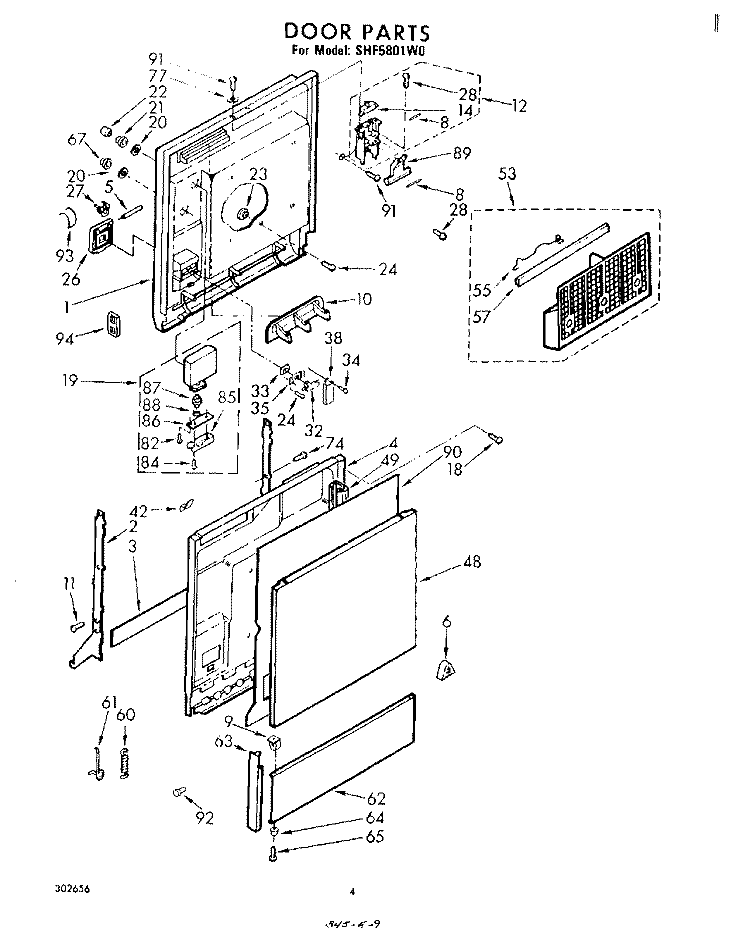 DOOR Diagram and Parts List for SHF5801W0  Whirlpool Dishwasher
