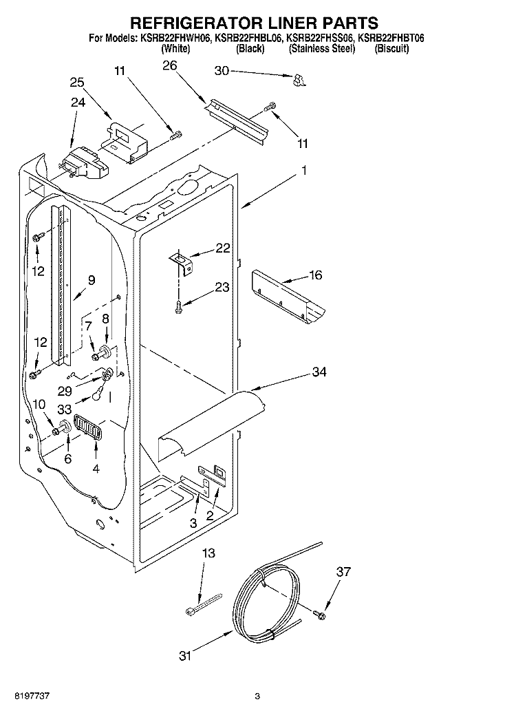 REFRIGERATOR LINER Diagram and Parts List for KSRB22FHSS06  KitchenAid Refrigerator
