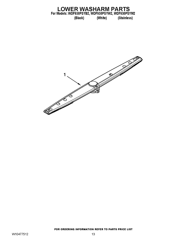 LOWER WASHARM PARTS Diagram and Parts List for WDF530PSYB2  Whirlpool Dishwasher
