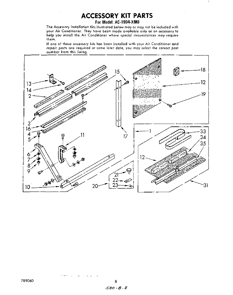 ACCESSORY Diagram and Parts List for AC1904XM0  Whirlpool Air Conditioner