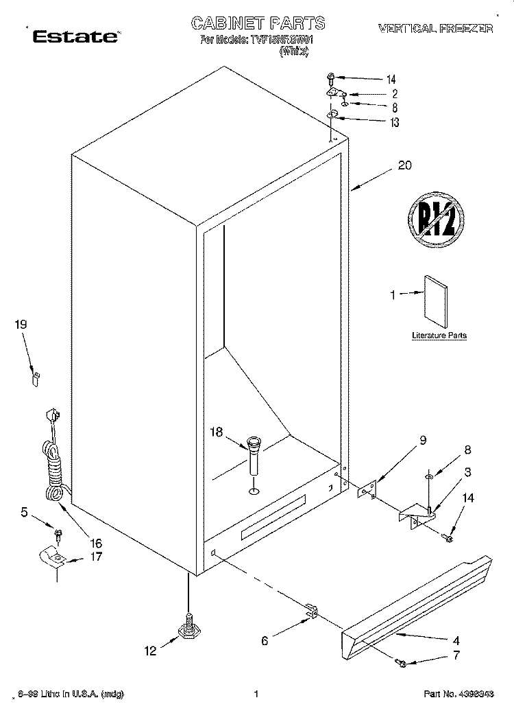 CABINET, LIT/OPTIONAL Diagram and Parts List for TVF15NRGW01  Whirlpool Freezer