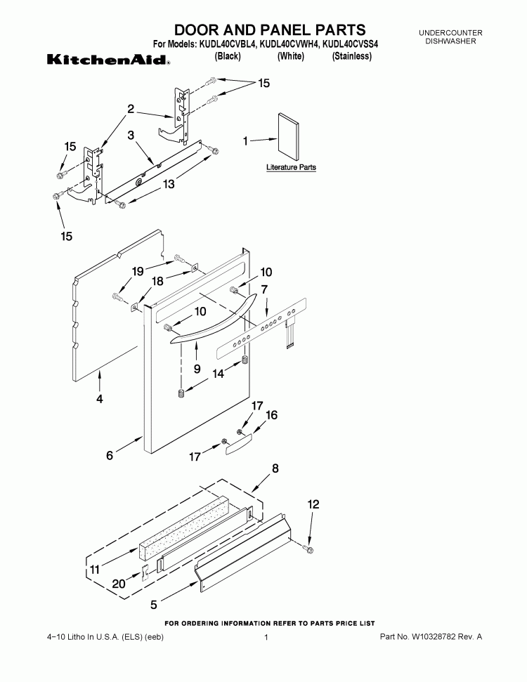 DOOR AND PANEL PARTS Diagram and Parts List for KUDL40CVBL4  KitchenAid Dishwasher