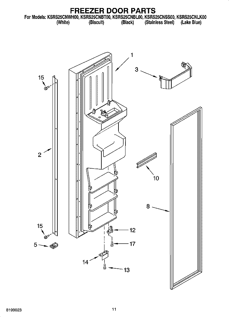 FREEZER DOOR PARTS Diagram and Parts List for KSRS25CNLK00  KitchenAid Refrigerator