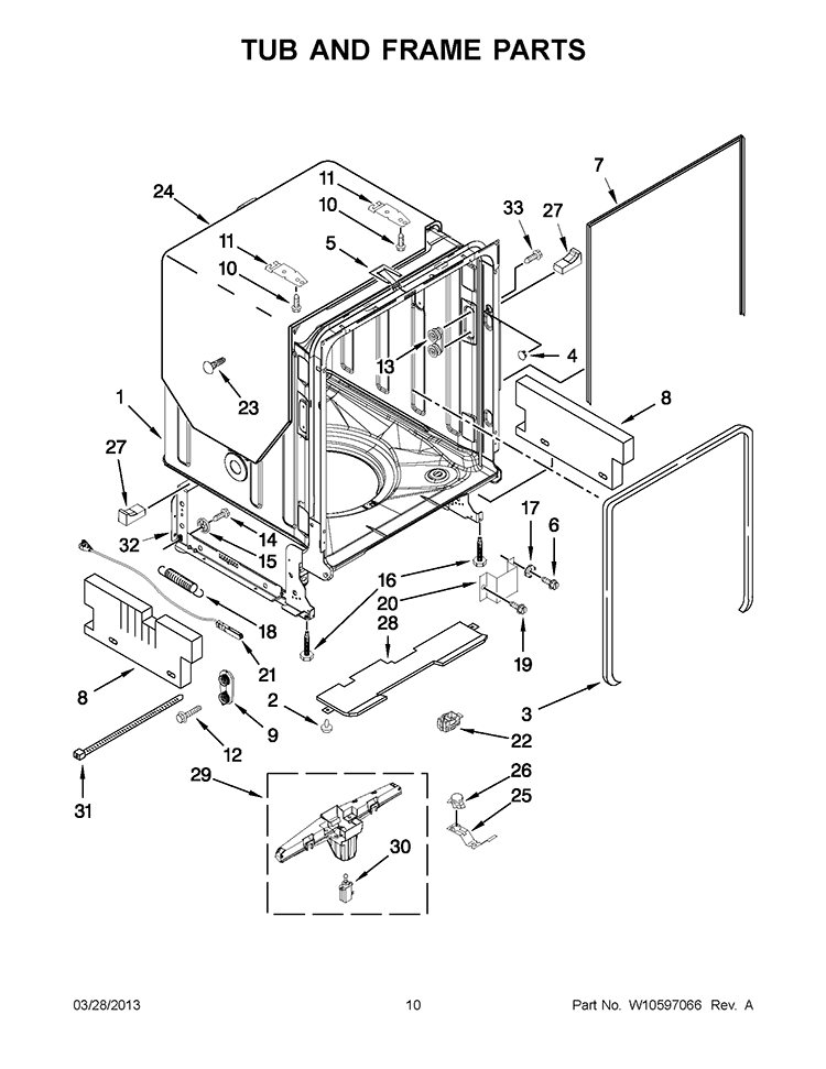 TUB AND FRAME PARTS Diagram and Parts List for KUDS30IXSS9  KitchenAid Dishwasher