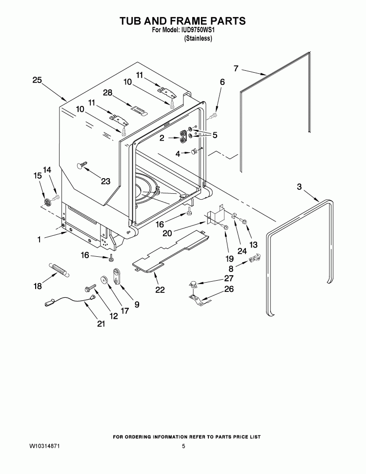 TUB AND FRAME PARTS Diagram and Parts List for IUD9750WS1  Whirlpool Dishwasher