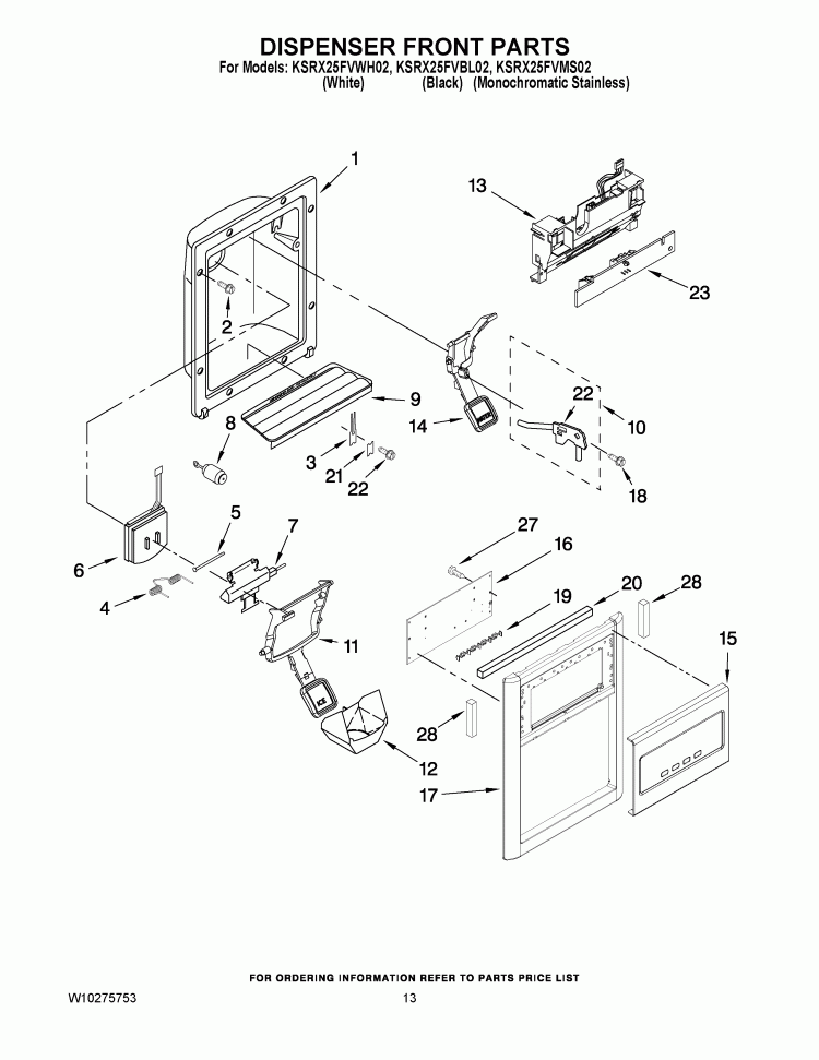 DISPENSER FRONT PARTS Diagram and Parts List for KSRX25FVMS02  KitchenAid Refrigerator