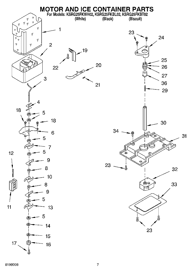 MOTOR AND ICE CONTAINER PARTS Diagram and Parts List for KSRG25FKBL02  KitchenAid Refrigerator