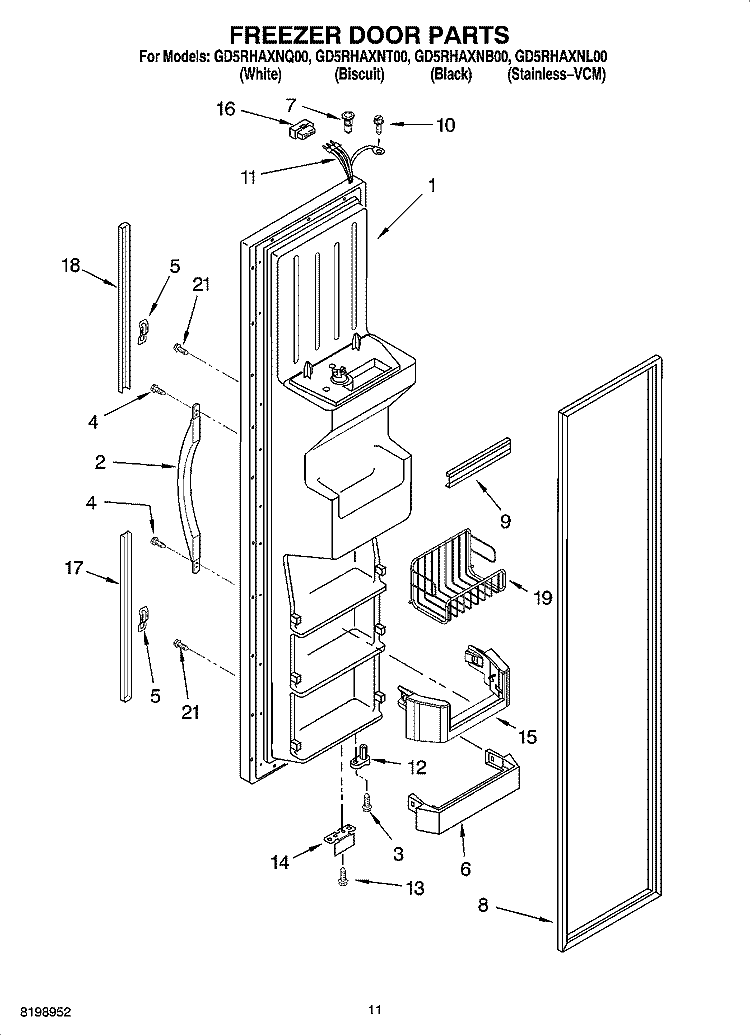 FREEZER DOOR PARTS Diagram and Parts List for GD5RHAXNQ00  Whirlpool Refrigerator