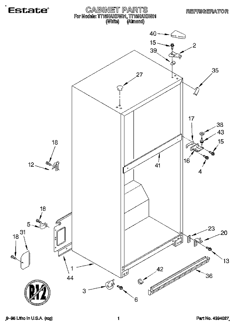CABINET Diagram and Parts List for TT18HAXDW01  Estate Refrigerator