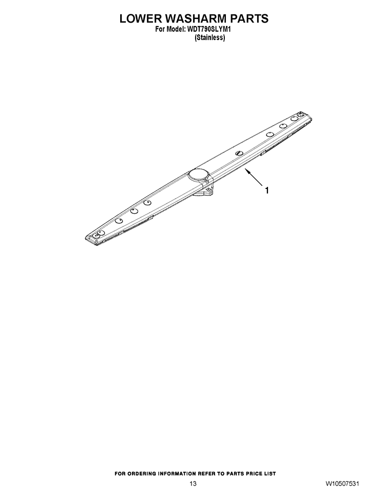 LOWER WASHARM PARTS Diagram and Parts List for WDT790SLYM1  Whirlpool Dishwasher