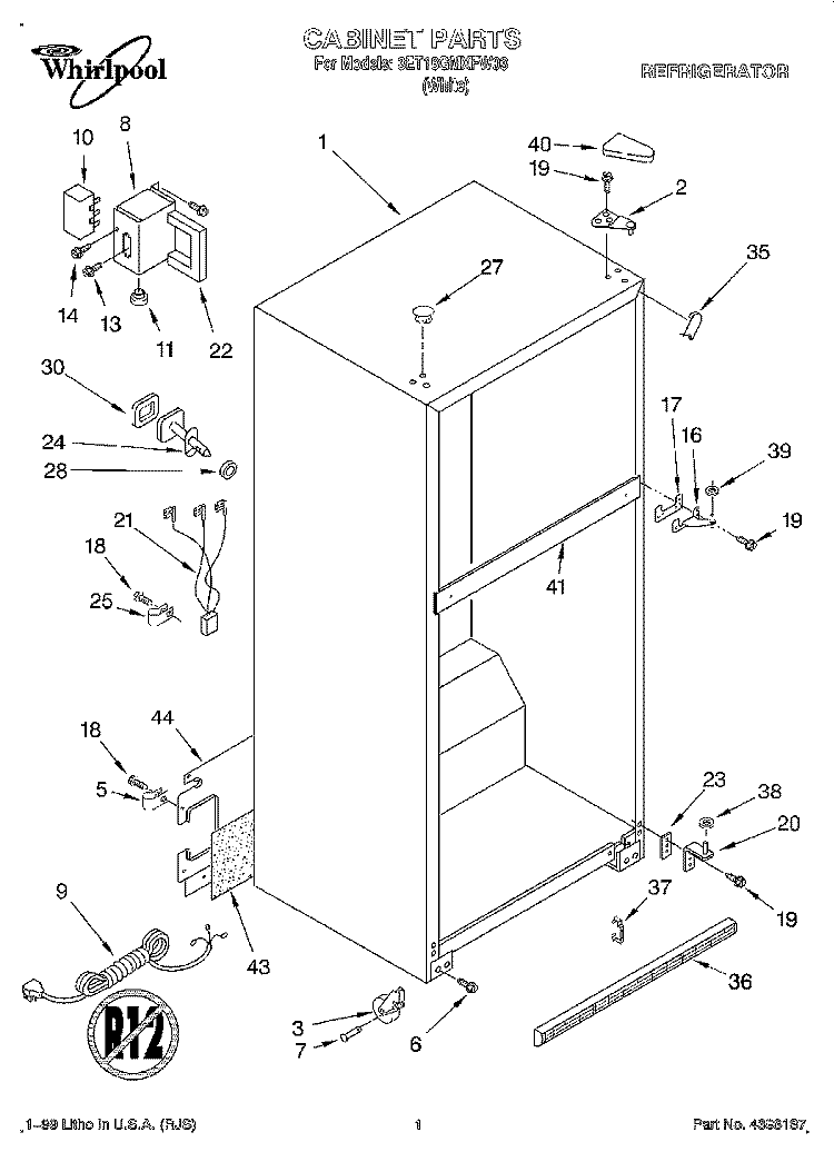 CABINET Diagram and Parts List for 3ET18GMXFW03  Whirlpool Refrigerator