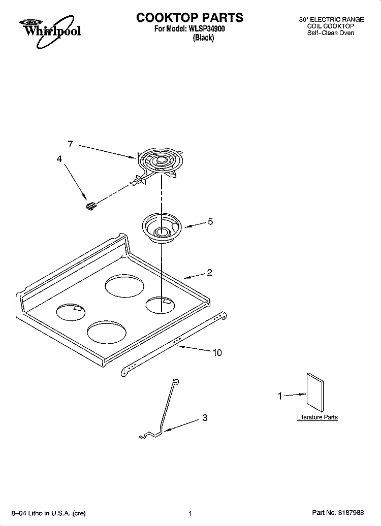 COOKTOP PARTS Diagram and Parts List for WLSP34900  Whirlpool Range