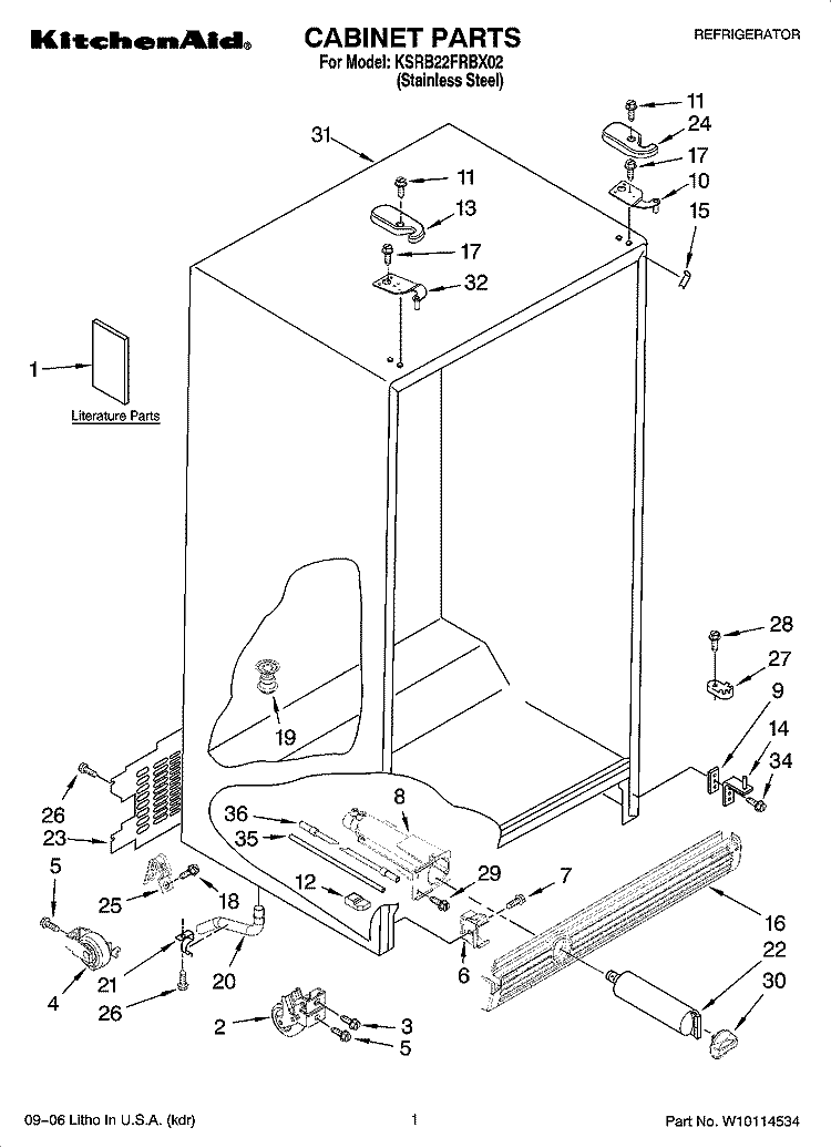 CABINET PARTS Diagram and Parts List for KSRB22FRBX02  KitchenAid Refrigerator