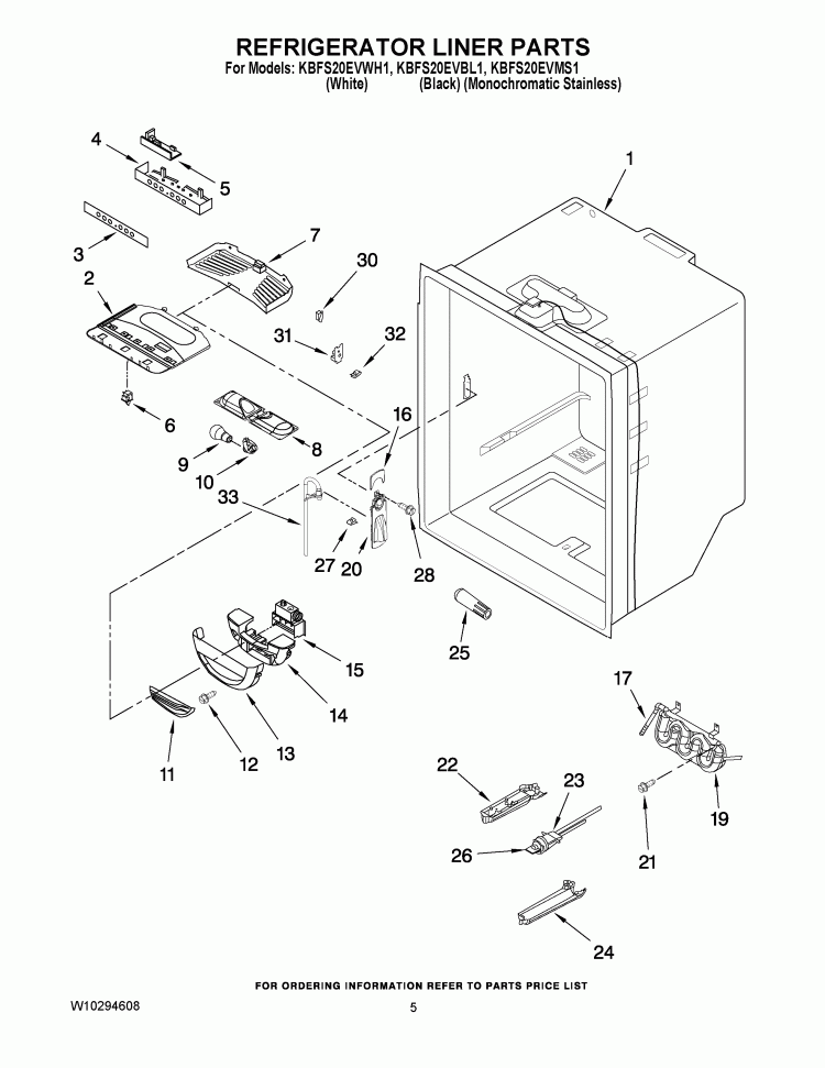 REFRIGERATOR LINER PARTS Diagram and Parts List for KBFS20EVBL1  KitchenAid Refrigerator