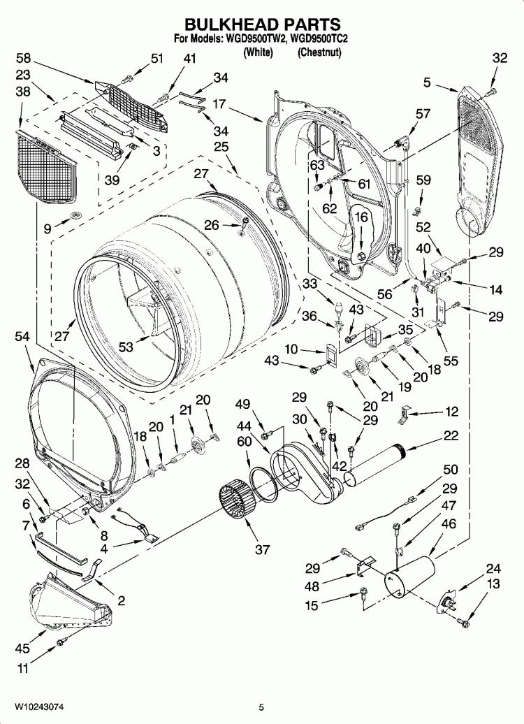 BULKHEAD PARTS Diagram and Parts List for WGD9500TW2  Whirlpool Dryer