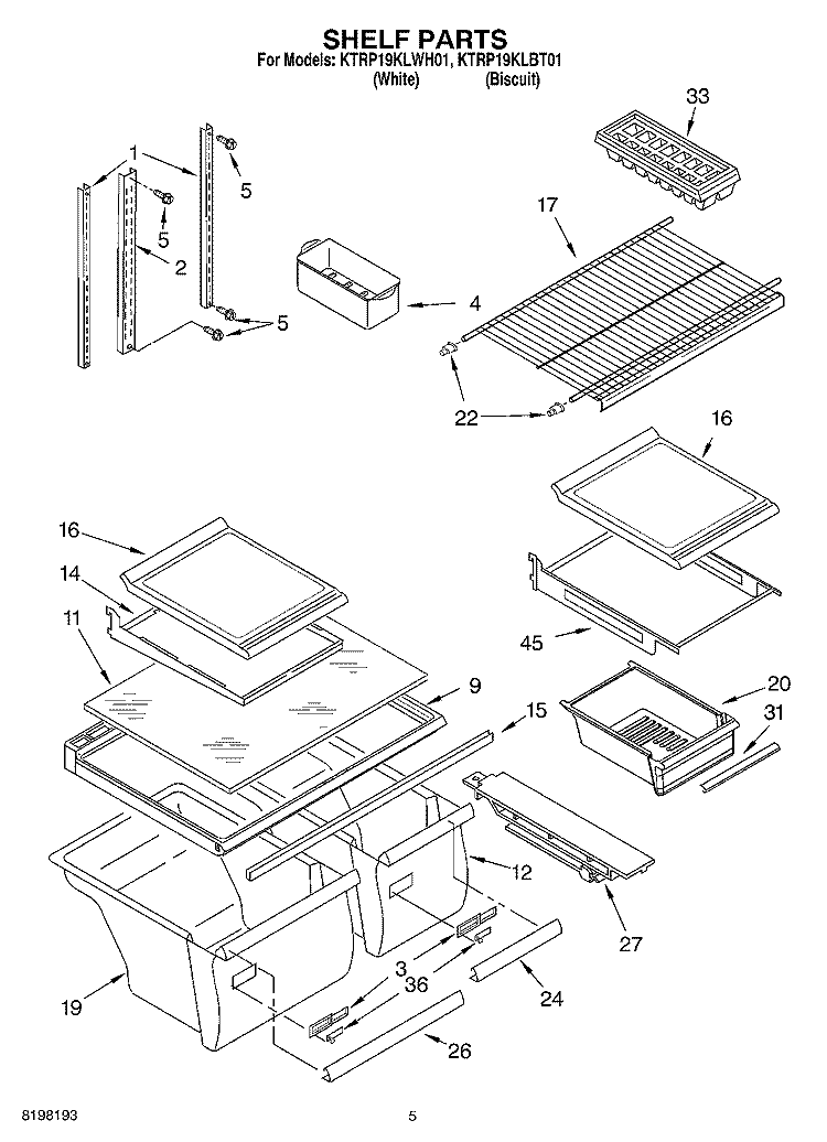 SHELF Diagram and Parts List for KTRP19KLWH01  KitchenAid Refrigerator