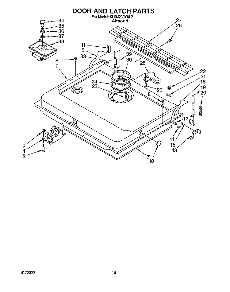 DOOR AND LATCH Diagram and Parts List for KUDJ230YAL2  KitchenAid Dishwasher