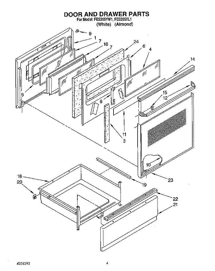 DOOR AND DRAWER Diagram and Parts List for FES355YW1  Roper Range