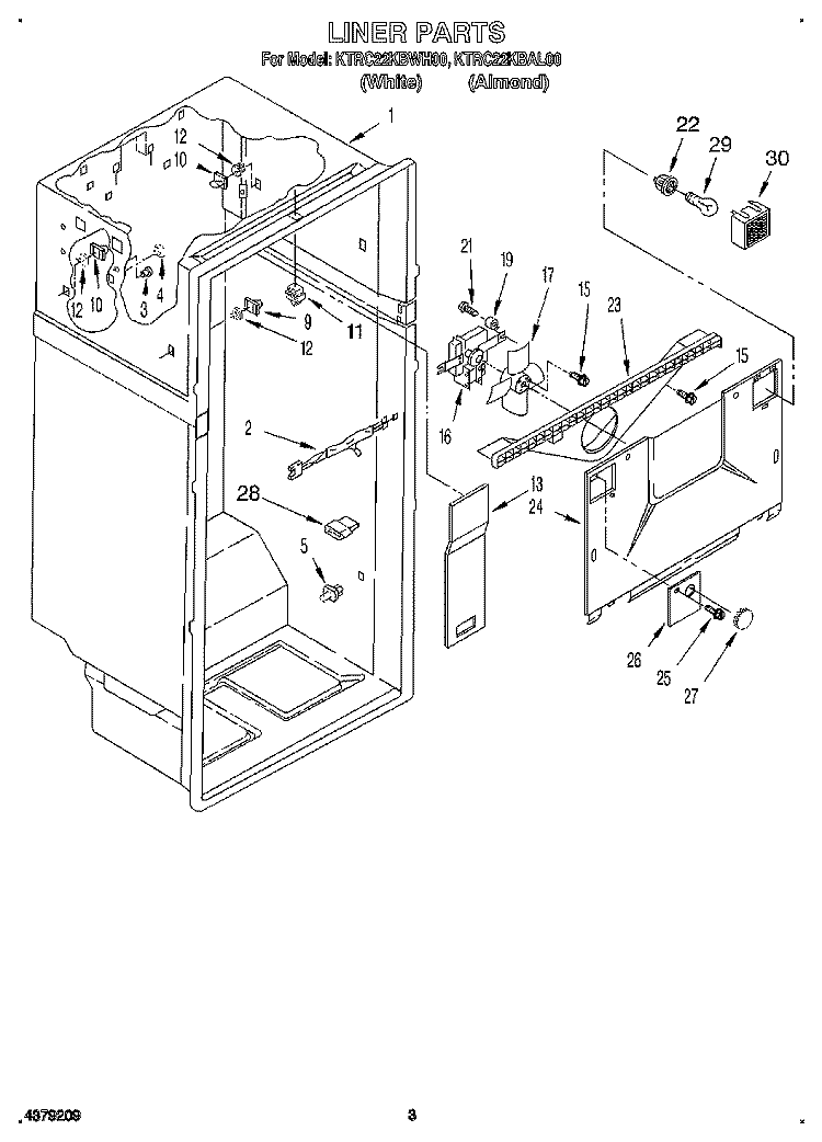 LINER Diagram and Parts List for KTRC22KBAL00  KitchenAid Refrigerator