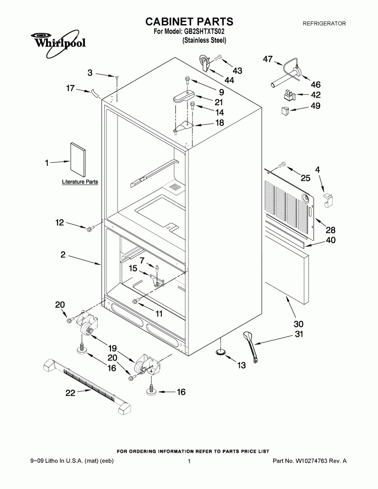 CABINET PARTS Diagram and Parts List for GB2SHTXTS02  Whirlpool Refrigerator