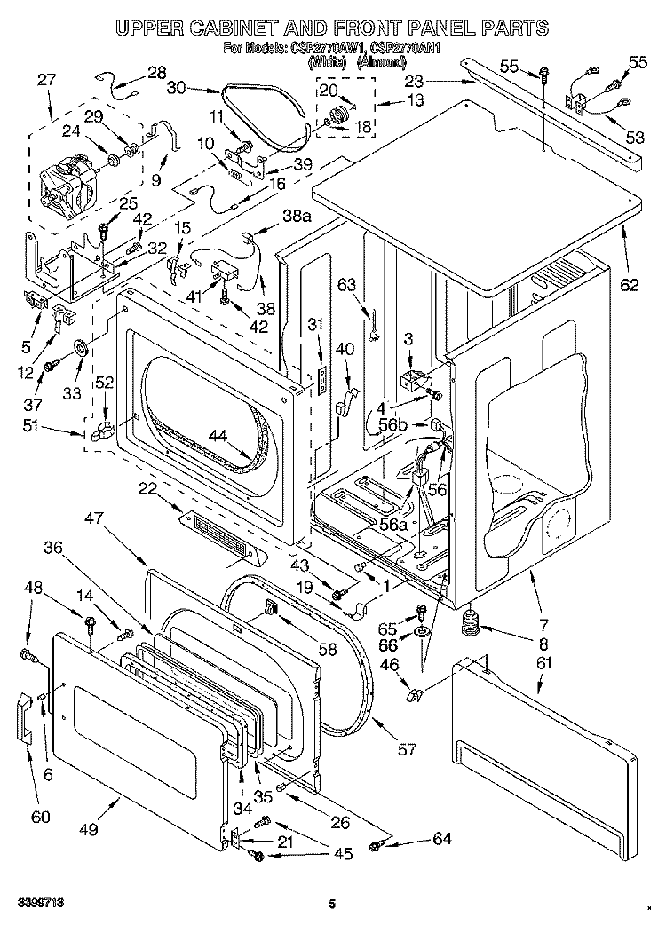 UPPER CABINET AND FRONT PANEL Diagram and Parts List for CSP2770AN1  Whirlpool Dryer
