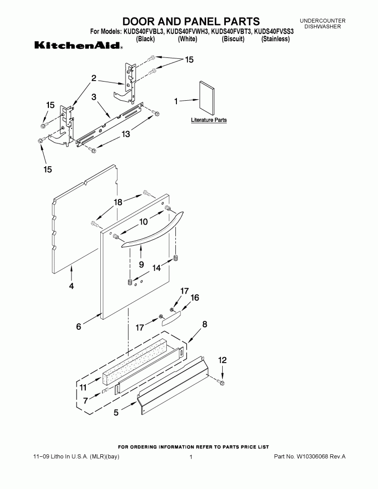 DOOR AND PANEL PARTS Diagram and Parts List for KUDS40FVSS3  KitchenAid Dishwasher