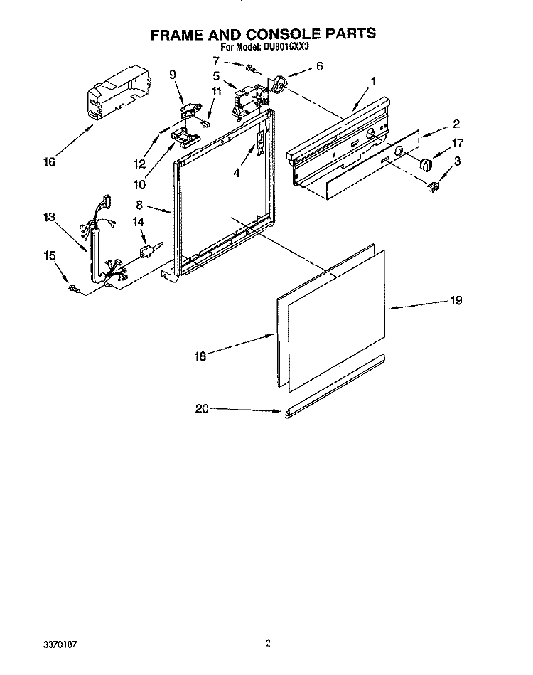 FRAME AND CONSOLE Diagram and Parts List for DU8016XX3  Whirlpool Dishwasher