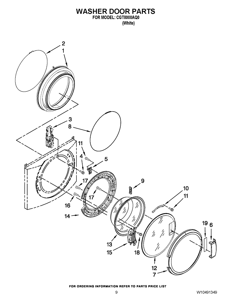 WASHER DOOR PARTS Diagram and Parts List for CGT8000AQ0  Whirlpool Washer Dryer Combo
