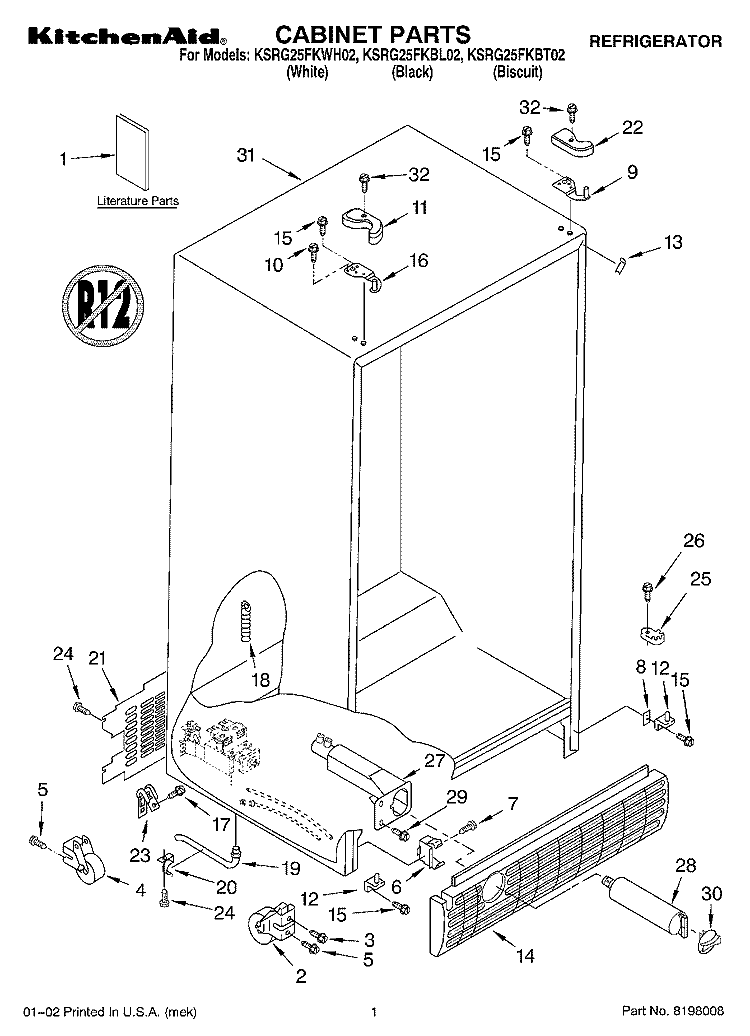 CABINET PARTS Diagram and Parts List for KSRG25FKBL02  KitchenAid Refrigerator