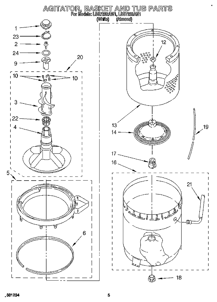 AGITATOR, BASKET AND TUB Diagram and Parts List for LSS7233AW1  Whirlpool Washer