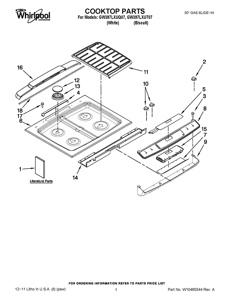 COOKTOP PARTS Diagram and Parts List for GW397LXUT07  Whirlpool Range