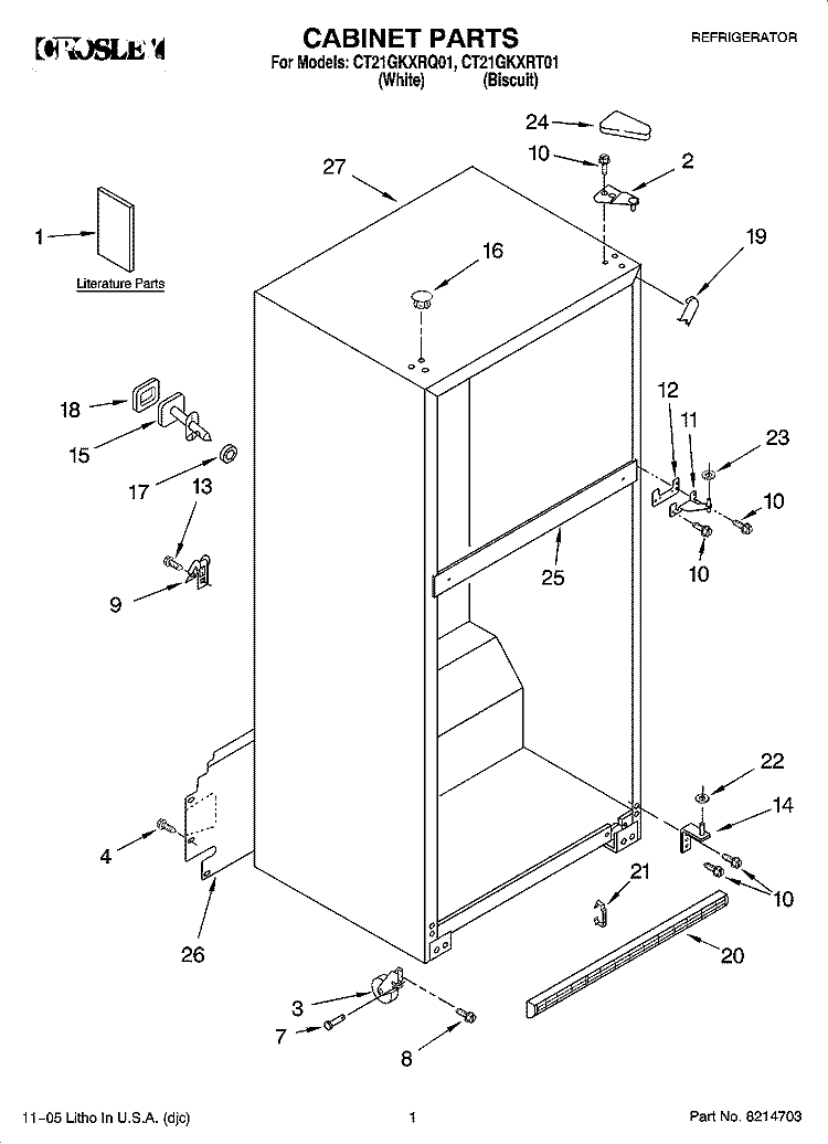 CABINET PARTS Diagram and Parts List for CT21GKXRQ01  Crosley Refrigerator