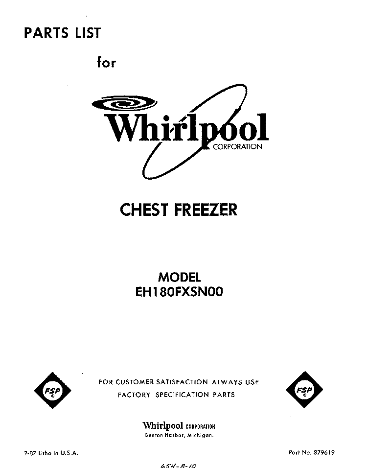 SECTION Diagram and Parts List for EH180FXSN00  Whirlpool Freezer
