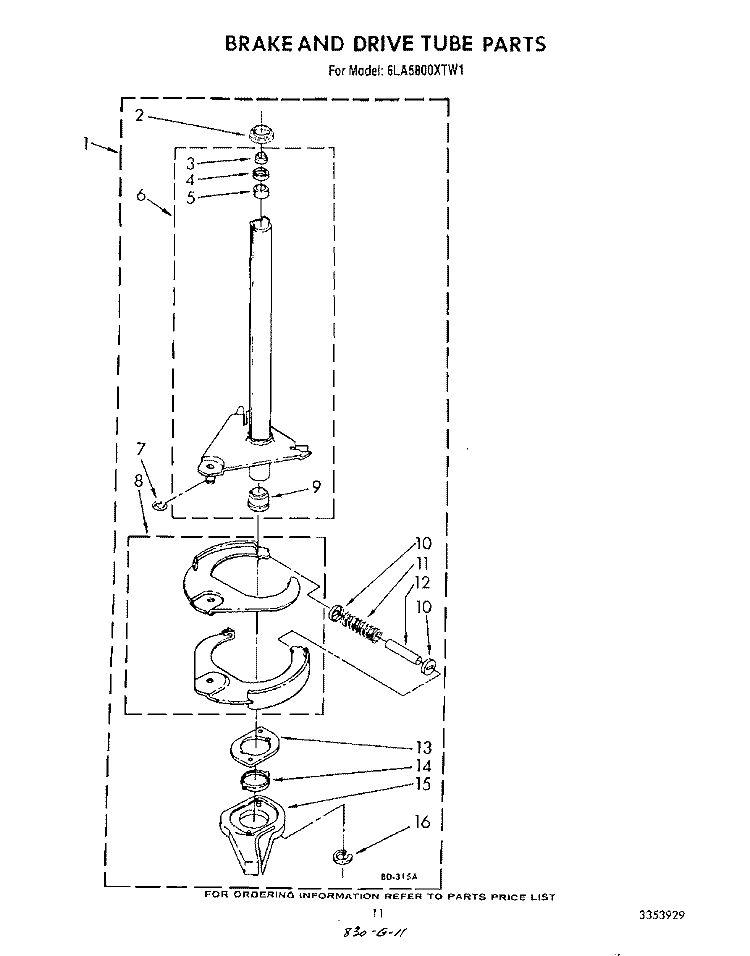 BRAKE AND DRIVE TUBE Diagram and Parts List for 6LA5800XTF1  Whirlpool Washer