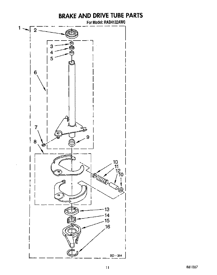 BRAKE AND DRIVE TUBE Diagram and Parts List for RAB4132AW0  Roper Washer