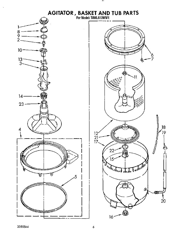 AGITATOR, BASKET, AND TUB Diagram and Parts List for TAWL610WW1  Estate Washer