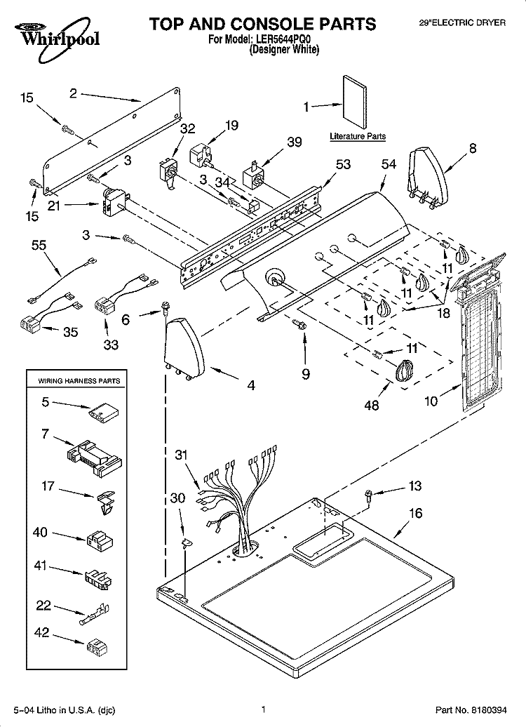 TOP AND CONSOLE PARTS Diagram and Parts List for LER5644PQ0  Whirlpool Dryer