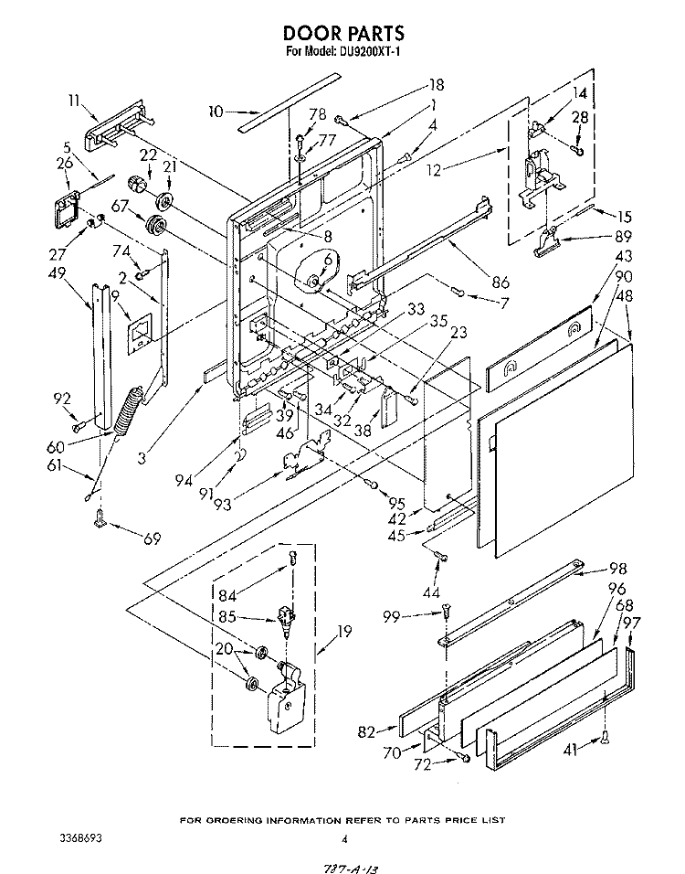 DOOR Diagram and Parts List for DU9200XT1  Whirlpool Dishwasher