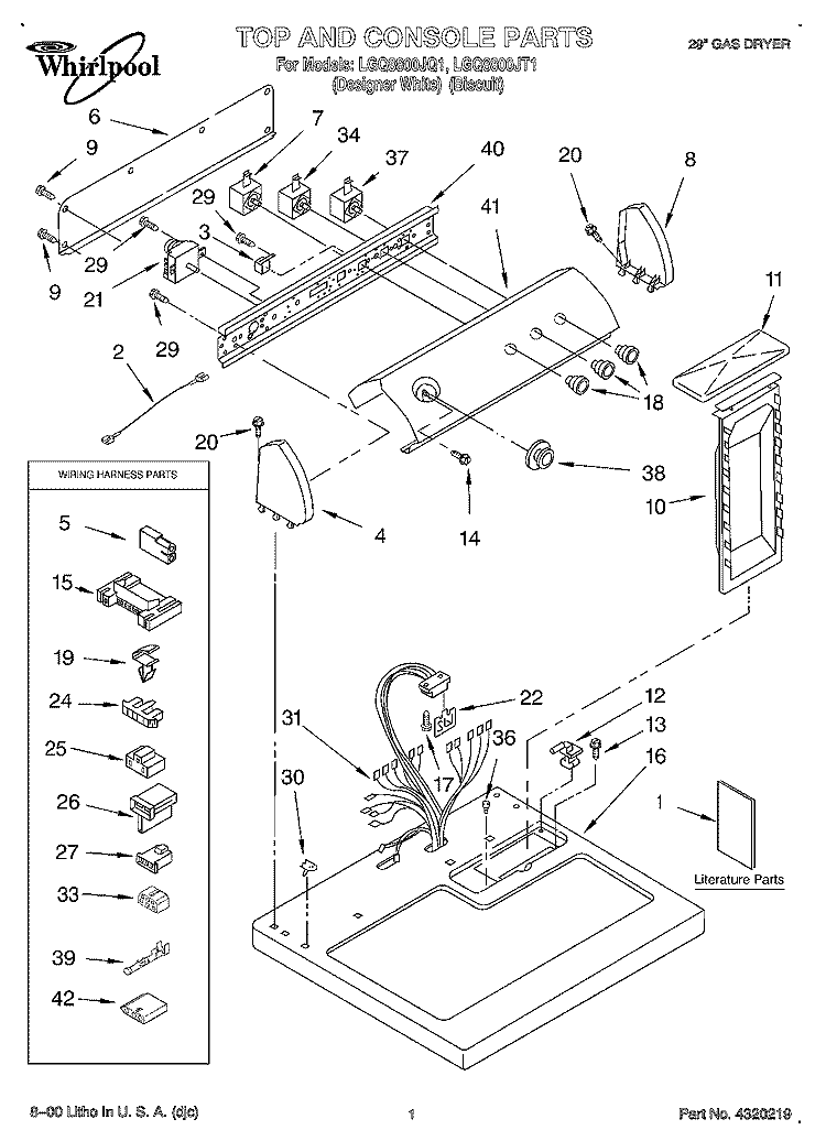 TOP AND CONSOLE, LIT/OPTIONAL Diagram and Parts List for LGQ8800JQ1  Whirlpool Dryer