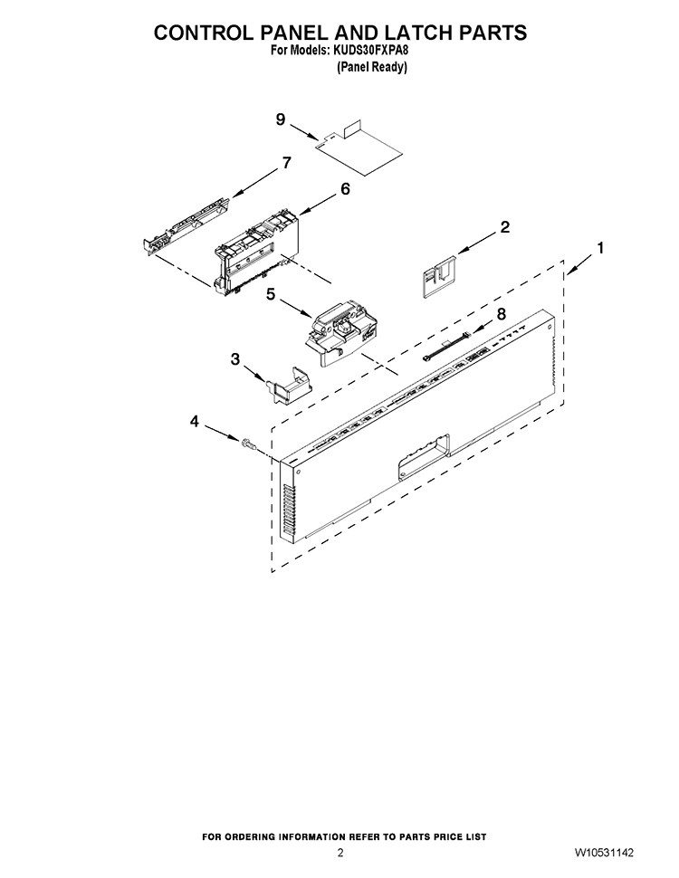 CONTROL PANEL AND LATCH PARTS Diagram and Parts List for KUDS30FXPA8  KitchenAid Dishwasher