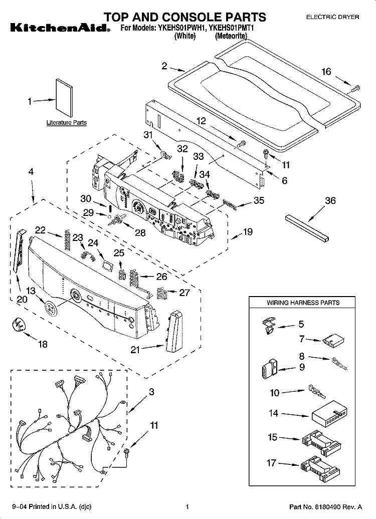 TOP AND CONSOLE PARTS Diagram and Parts List for YKEHS01PMT1  KitchenAid Dryer