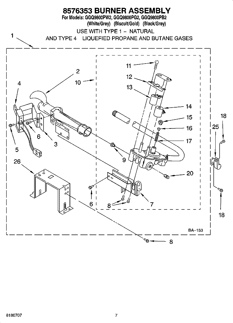 8576353 BURNER ASSEMBLY, OPTIONAL PARTS (NOT INCLUDED) Diagram and Parts List for GGQ9800PG2  Whirlpool Dryer
