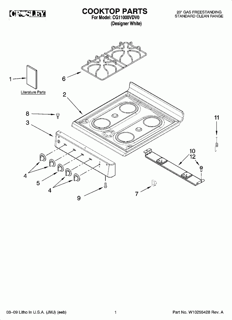 COOKTOP PARTS Diagram and Parts List for CG11000VDV0  Crosley Range
