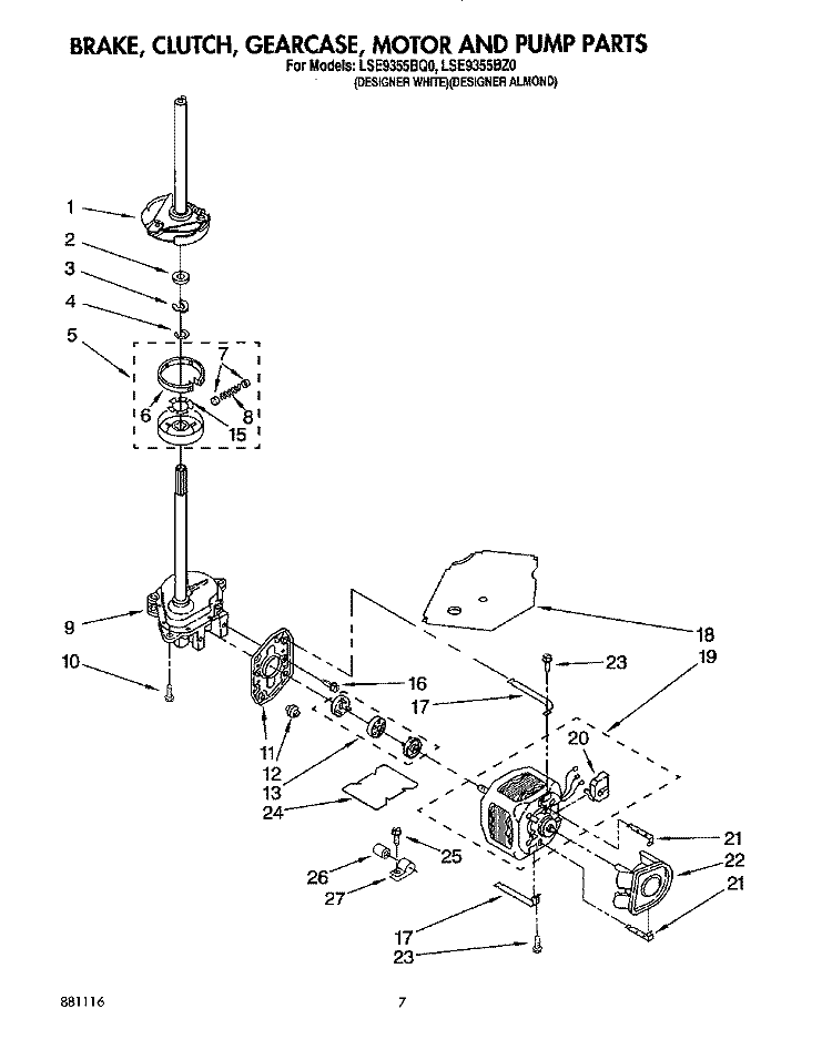 BRAKE, CLUTCH, GEARCASE, MOTOR & PUMP Diagram and Parts List for LSE9355BQ0  Whirlpool Washer