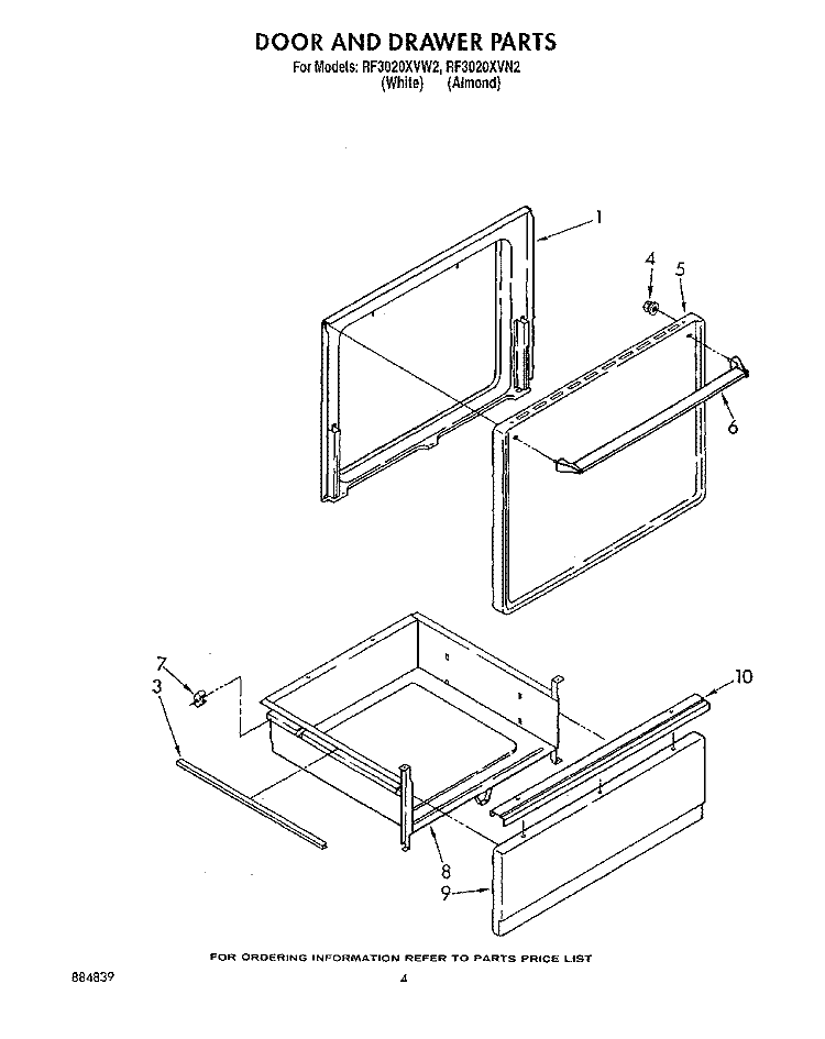 DOOR AND DRAWER Diagram and Parts List for RF3020XVW2  Whirlpool Range