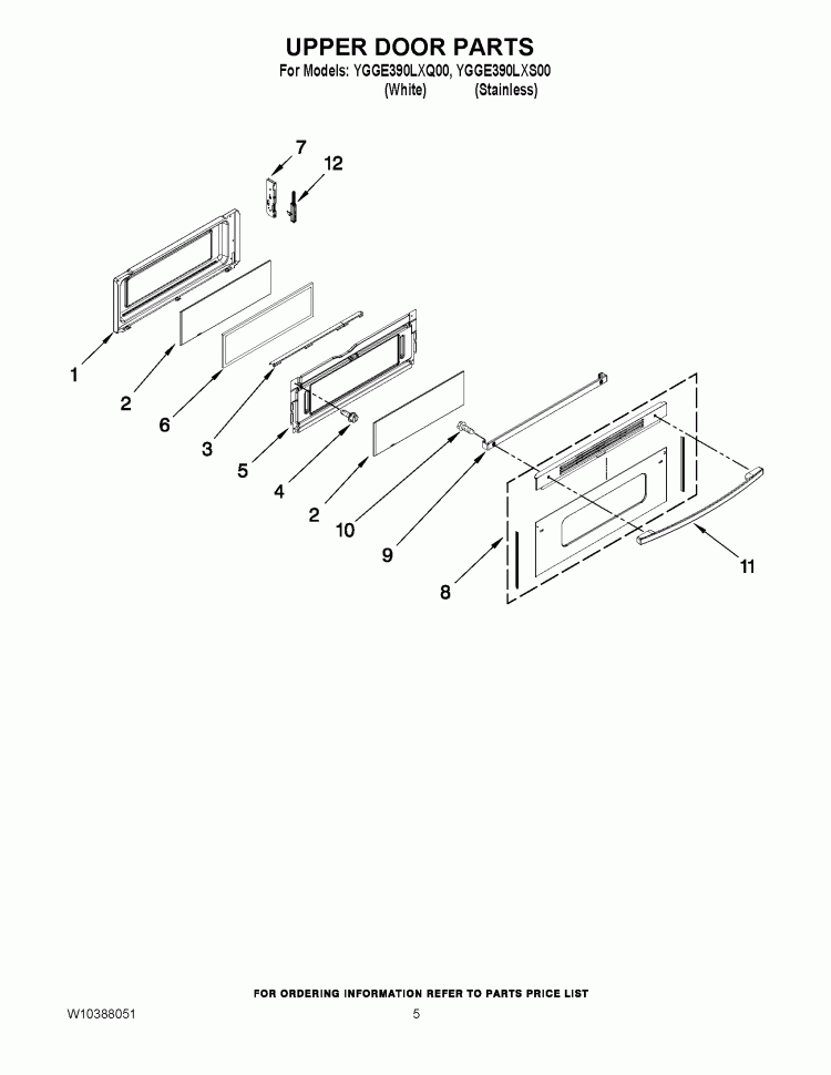 UPPER DOOR PARTS Diagram and Parts List for YGGE390LXS00  Whirlpool Range